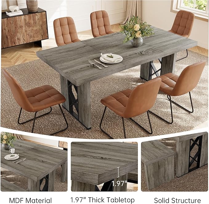 7-Piece Dining Table Set for 6 People, 70.8" MDF Kitchen Table with 6 Upholstered Chairs, Space-Saving for Dining Room, Breakfast Nook(Grey Table+6 Brown Chairs)