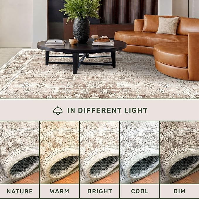 Washable Neutral Farmhouse Living Room Rug, 6x9 Area Rugs for Bedroom, Dining Room Under Table Carpet, Kids Room, Large Boho Vintage Non-Slip Floral Rugs Low Pile Stain Resistant (6x9 Beige/Latte)
