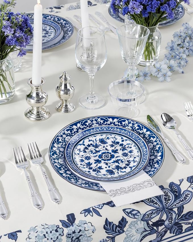 175 Pcs Blue Plates for Party & Wedding | Floral Disposable Dinnerware Set. - Image 4
