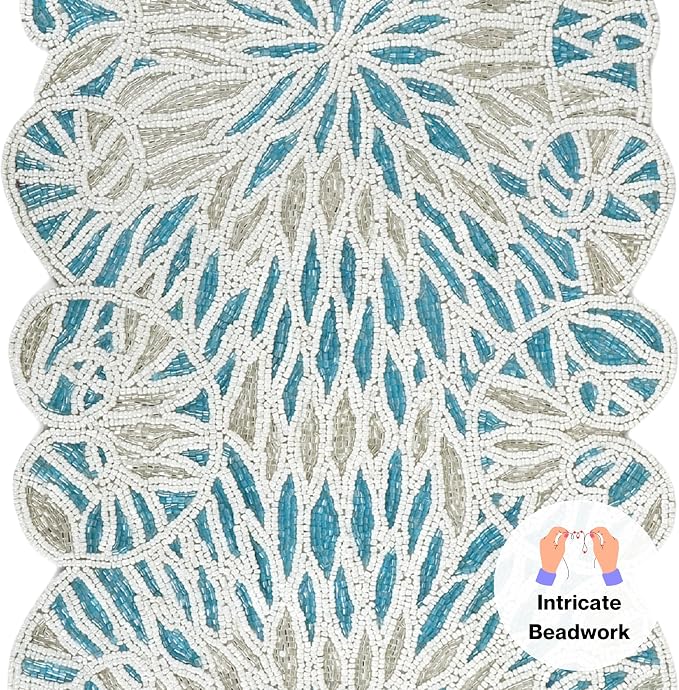 Beaded Table Runner, Sky Blue White, 36x13 | Glass beads on polyester backing - Image 5