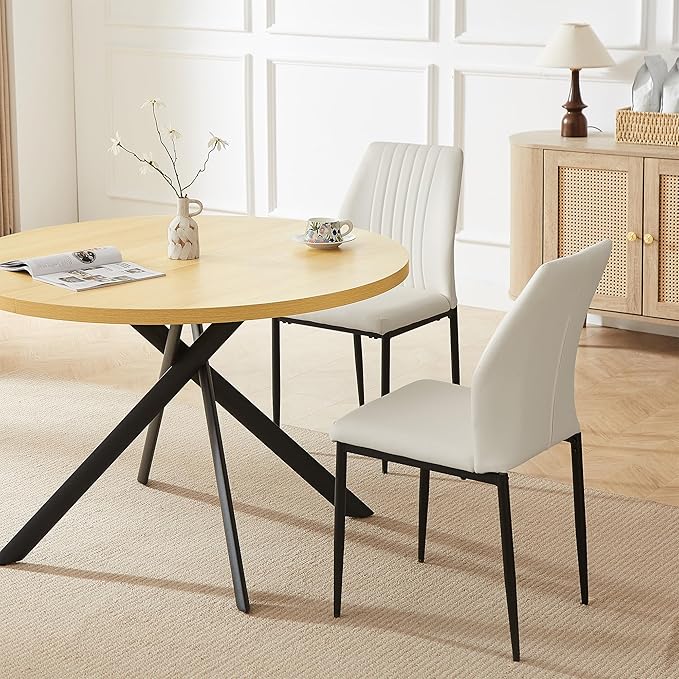 45.3'' Walnut Round Dining Table Set for 4, Mid Century Modern Small Coffee Set for Dining Room Kitchen Apartment (Cream Table + 4 White Chairs)