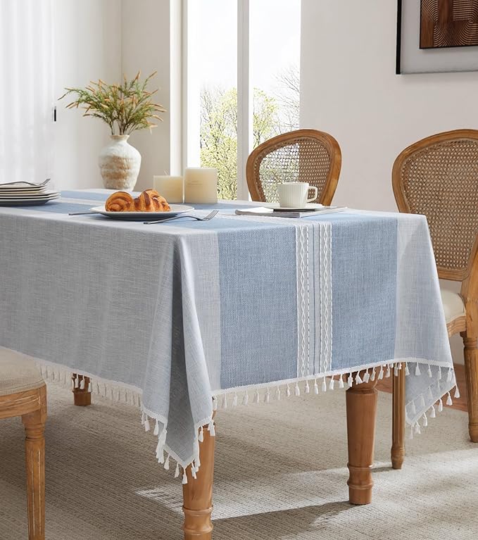 ZeeMart Contrast Linen Table Cloth Square Table Cloths 60x60 Inch Mid-Stripe Blue, Farmhouse Style Heavy Weight Dusty Blue Tablecloth, Water Resistant Burlap Tablecloths