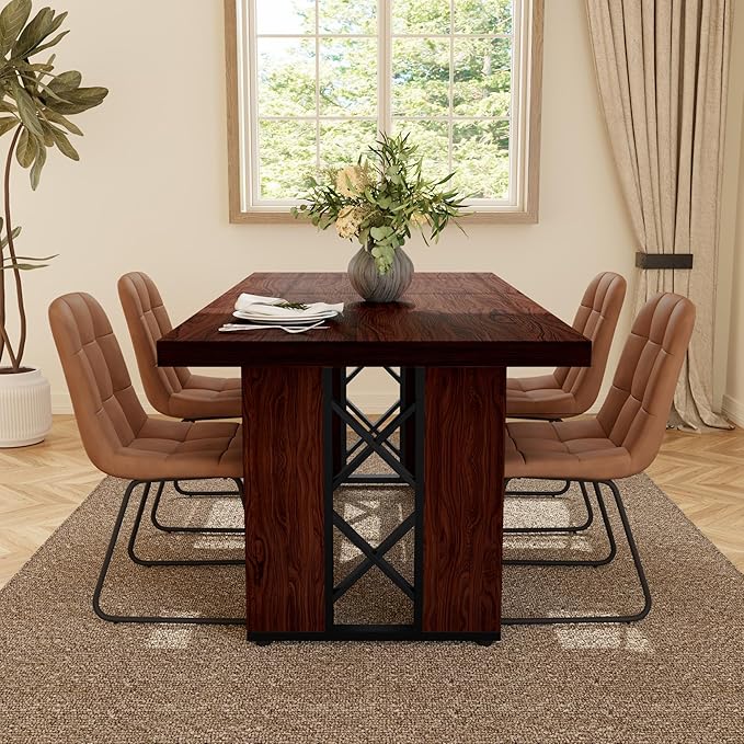 7-Piece Dining Table Set for 6 People, 70.8" MDF Kitchen Table with 6 Upholstered Chairs, Space-Saving for Dining Room, Breakfast Nook(Walnut Table+6 Brown Chairs)