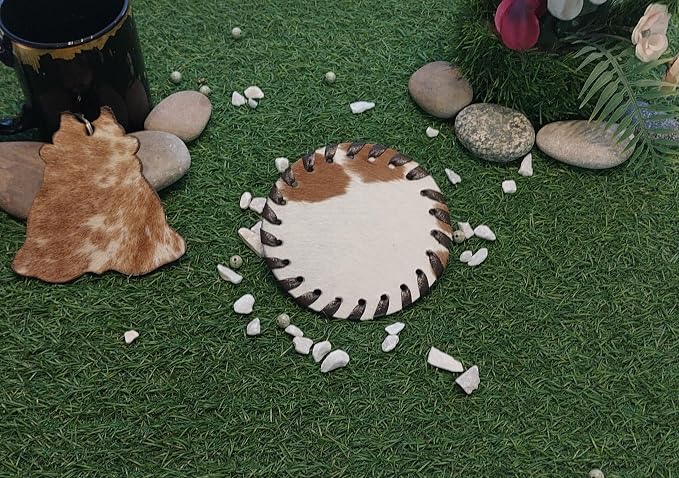 Cowhide Coasters Set of 6 pcs Round Natural Cowhides Drink Pads Hair On Genuine - Image 9