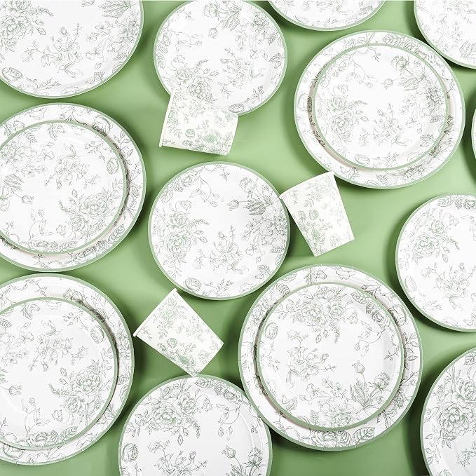 175Pcs Sage Green Floral Paper Plates and Napkins 25 Guests Green Toile - Image 7