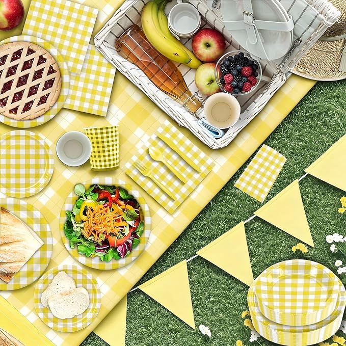 180Pcs Yellow Gingham Party Supplies Paper Plates and Napkins Serve 60 | - Image 4