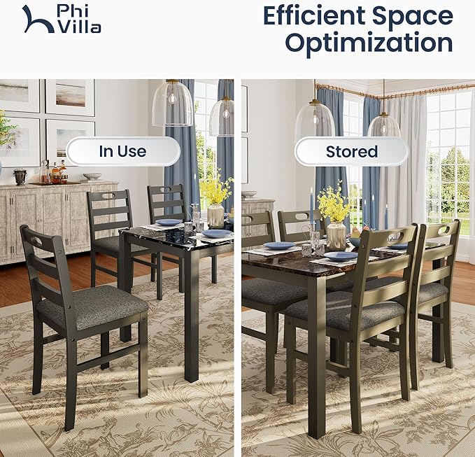PHI VILLA Solid Wood Dining Table Set for 4, Marble Design Kitchen Table Chairs Set of 4, 5 Piece Space-Saving Dining Room Table Set for Apartment, Emperador Dark Marble& Olive