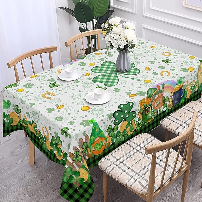St. Patrick's Day Tablecloth, Rectangular 60 x 84, Polyester, Waterproof, Wrinkle Resistant, Heat Stain Resistant, Shamrock Gnome Leprechaun Design, Fits 4-8 People