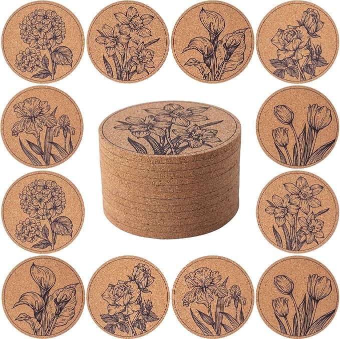 Cork Coasters for Drinks Absorbent Non Slip 12pcs 4 Inch Flower | Coaster for by Staruby