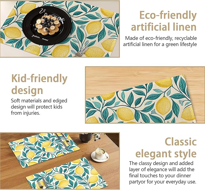 Placemats Set of 6 Lemon Leaf Place Mats Washable Kitchen Dining Linen Table Mats Stain Heat, for Home Party Indoor 12x18 in