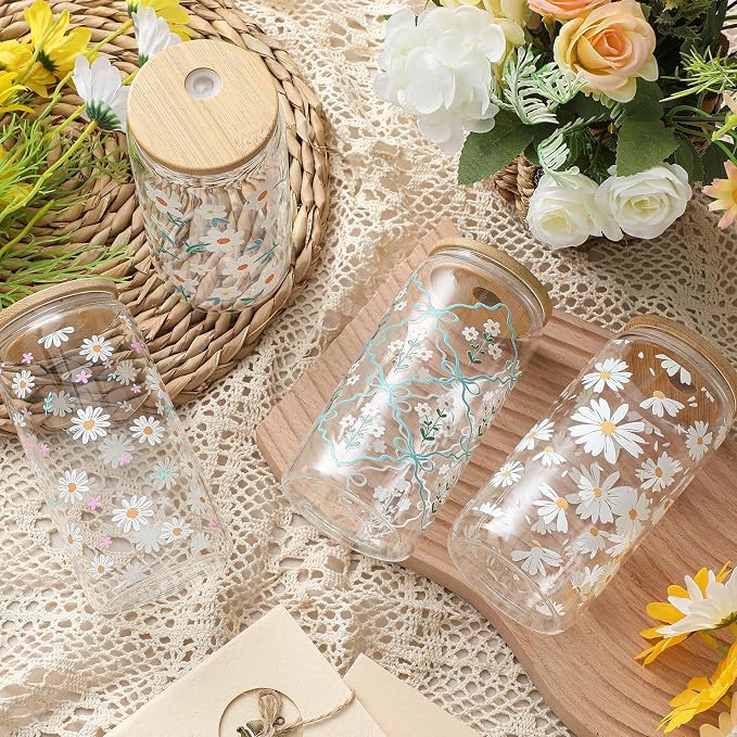 Mumufy 4 Pack Wildflower Glass Cups Gift Aesthetic Cute Glass Cup Tumbler - Image 4