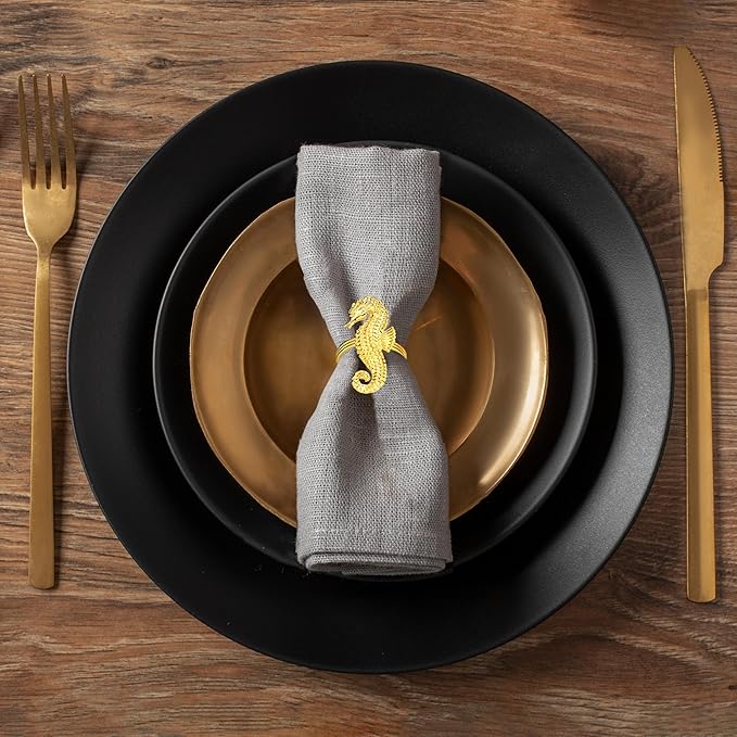 Decozen Set of 16 Gold Napkin Rings in Sea Horse Design, Festive, Table Decor Setting for Holiday, Wedding, Birthday, Kitchen, Home Decor, Housewarming Gift - Mothers Day Decorations