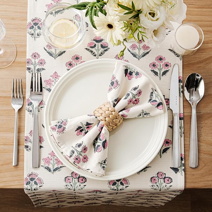 Block Print Floral Decorative Table Runners, 13x72 Inch Pink | 100% Organic - Image 3