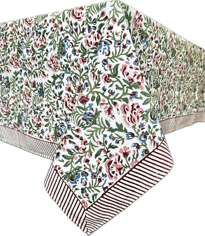 ATOSII Ambrosia 100% Cotton Rectangle Boho Spring Summer Tablecloth, Handblock Floral Table Cloth Linen for Kitchen Dining Parties Wedding Outdoors Easter Decor 60 X 108 Inches I 8 Seater