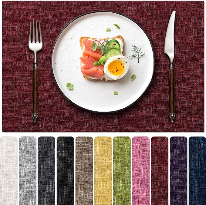 Blue Forest Placemats Set of 8, Dual-Layered Thickened Faux Linen Cloth Place Mats Heat Resistant Machine Washable Wrinkle Free Table Mats Indoor/Outdoor (Red)