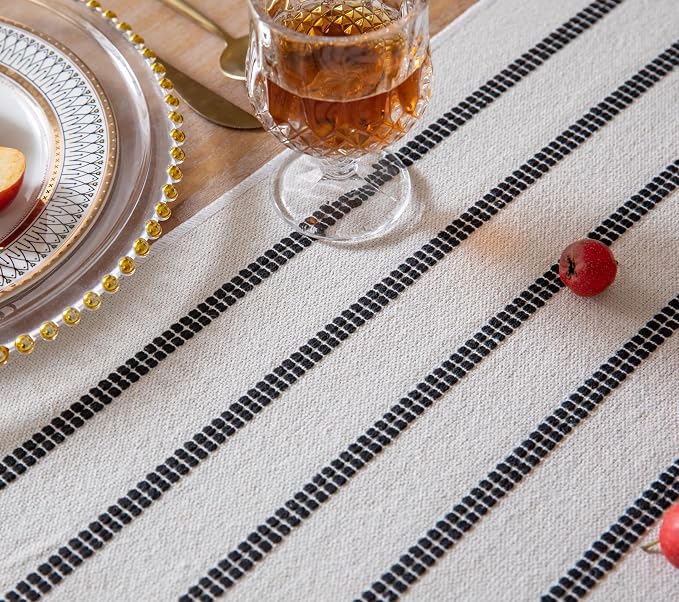 Caflife Boho Table Runner 90 Inchs Long Black and Beige, Cotton and Linen Woven - Image 3