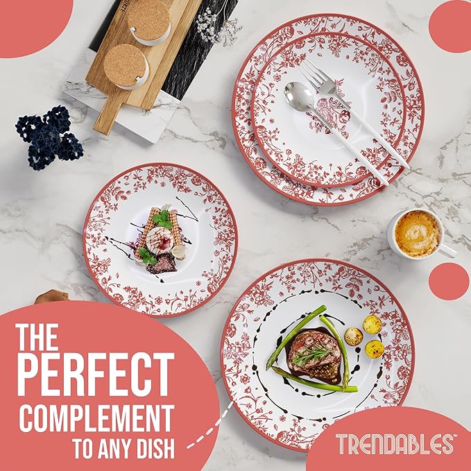 Trendables Disposable Plates For Party Supplies | Pink Floral Plastic Plates For Wedding 200 Pcs - 100 X 8 & 100 X 10 Dinner Plate Sets | Floral Plate Set Disposable Plastic Dinnerware Sets