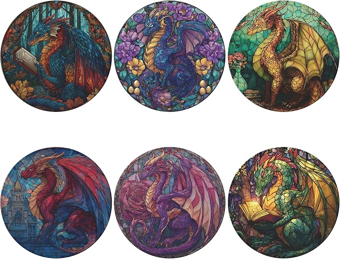 Dragon Coasters Leather Round Drink Coasters 6 Pcs Set with Holderor for Cup Drink Coffee Table Bar Home Decor