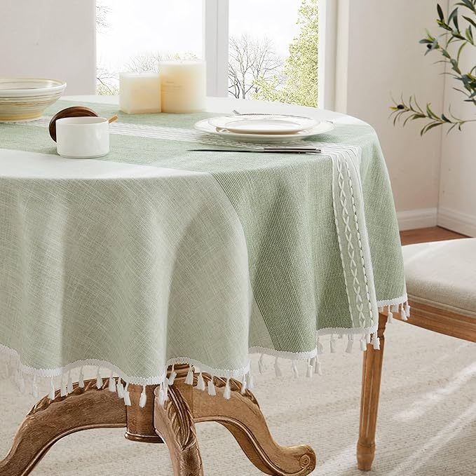 ZeeMart Contrast Linen Round Tablecloth 52 Inch Mid-Stripe Green, Farmhouse Style Round Table Cloth Heavy Weight Sage Green Tablecloths, Water Resistant Burlap Table Cloths