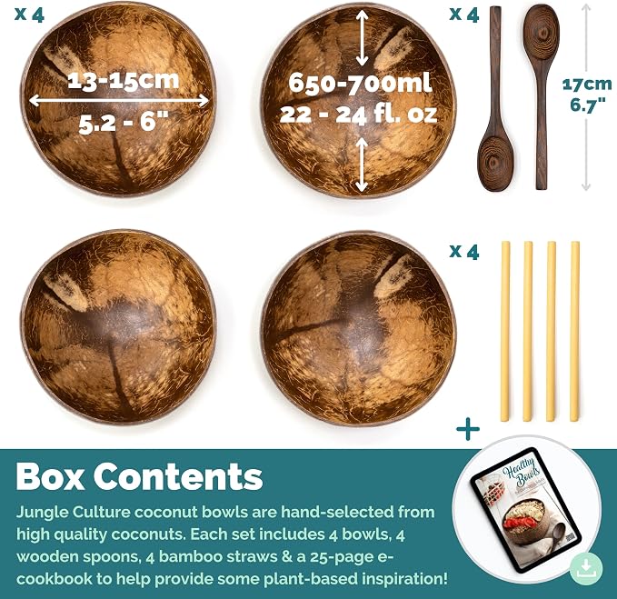 Jungle Culture 4 Polished Coconut Bowl & Wooden Spoons Set - Image 2