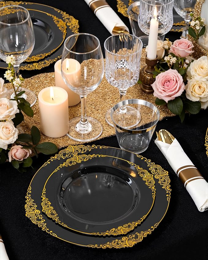 Nervure 175PCS Black Plastic Plates - Disposable Black Gold Party Plates & Pre Rolled Napkins with Cutlery for 25 Guests, 50Plates, 75Silverware, 25Cups, 25Napkin for Wedding & Party