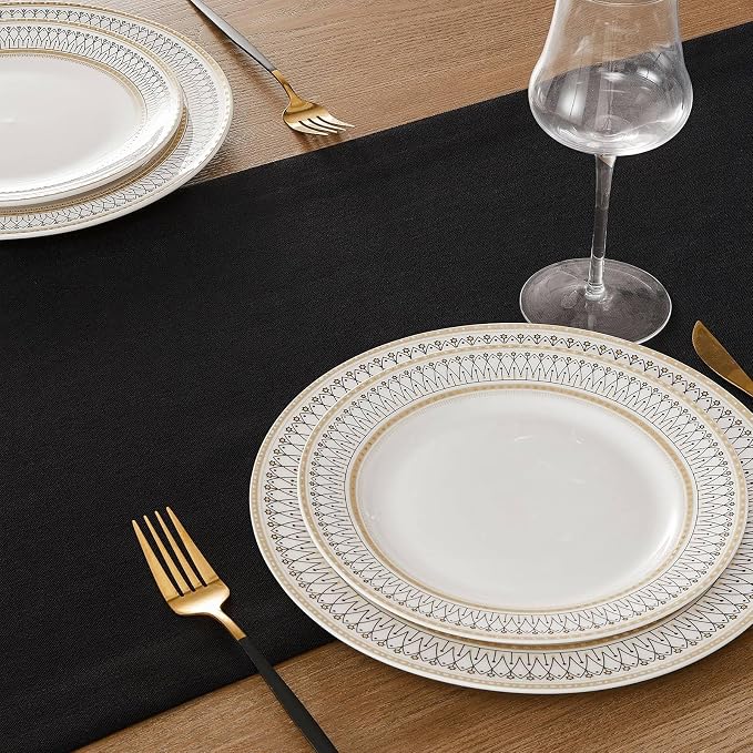 Linen Textured Border Table Runner, 14 x 72 Inch Black | Mitered Corner Design - Image 5