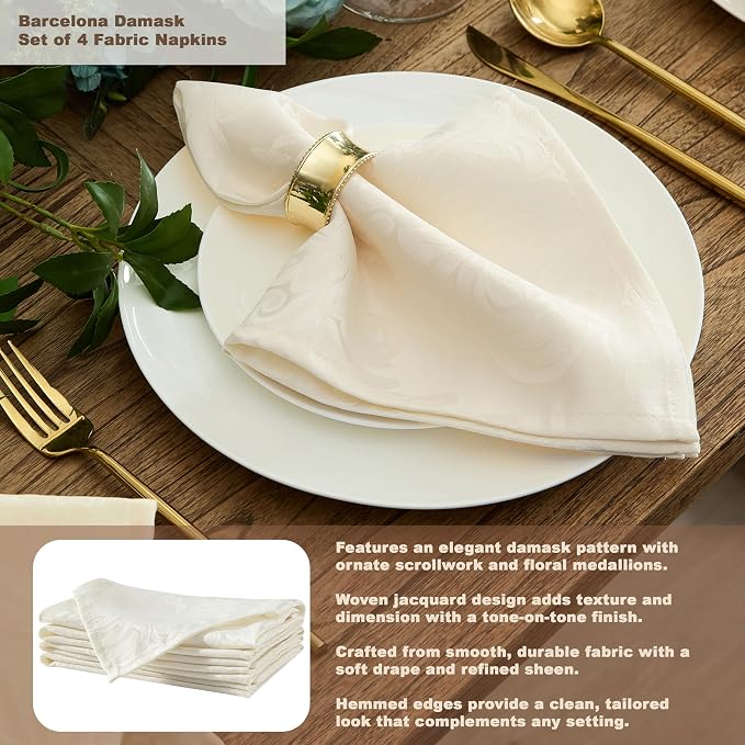 Newbridge Barcelona Luxury Damask Fabric Napkins, Antique White, 100% Polyester - Image 4