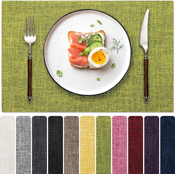 Blue Forest Placemats Set of 4, Dual-Layered Thickened Faux Linen Cloth Place Mats Heat Resistant Machine Washable Wrinkle Free Table Mats Indoor/Outdoor (Lime Green)