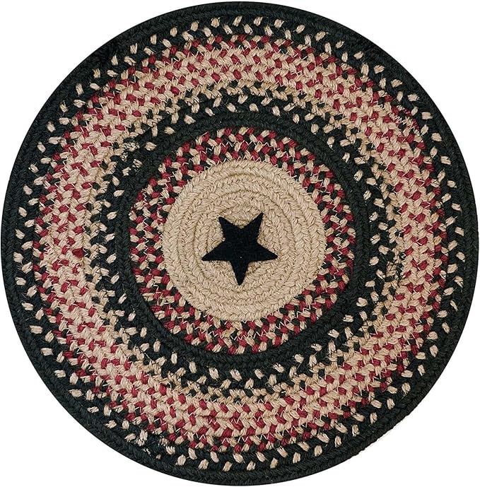 Homespice Primitive Star Gloucester Jute Woven Round Placemats Set of 6, 15", Warm Primitive Decor, Black and Red Table Mats - Vibrant Colors, Durable, Easy to Clean and Protects Furniture