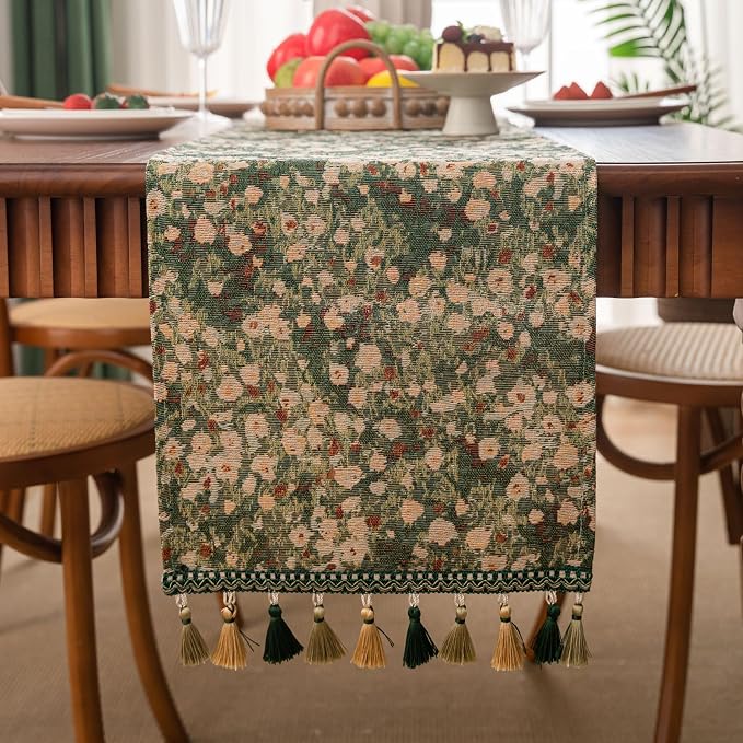 Ditsy Floral Table Runner Daisy Green 13 x 79 Inch | Jacquard Weave Flower - Image 2