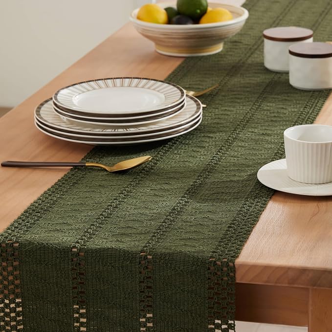 Macrame Style Boho Table Runner, 12x72 Inch Olive | Woven Boho Table Runner - Image 5