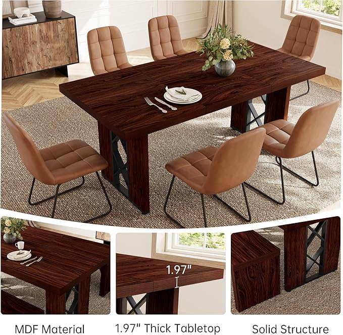 7-Piece Dining Table Set for 6 People, 70.8" MDF Kitchen Table with 6 Upholstered Chairs, Space-Saving for Dining Room, Breakfast Nook(Walnut Table+6 Brown Chairs)