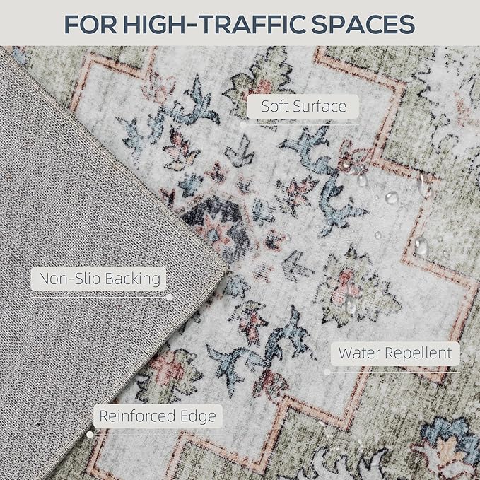HOMCOM Washable Area Rug, 5'x7' Vintage Indoor Distressed Carpet, Retro Floor Cover Foldable, Floral Print Mat for Living Room, Bedroom, Dining Room, Brown and Green