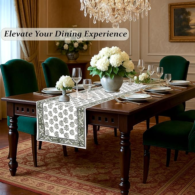 Evergreen Hand Block Print 100% Cotton Reusable Table Runner 16" X 90" Inches - Image 4
