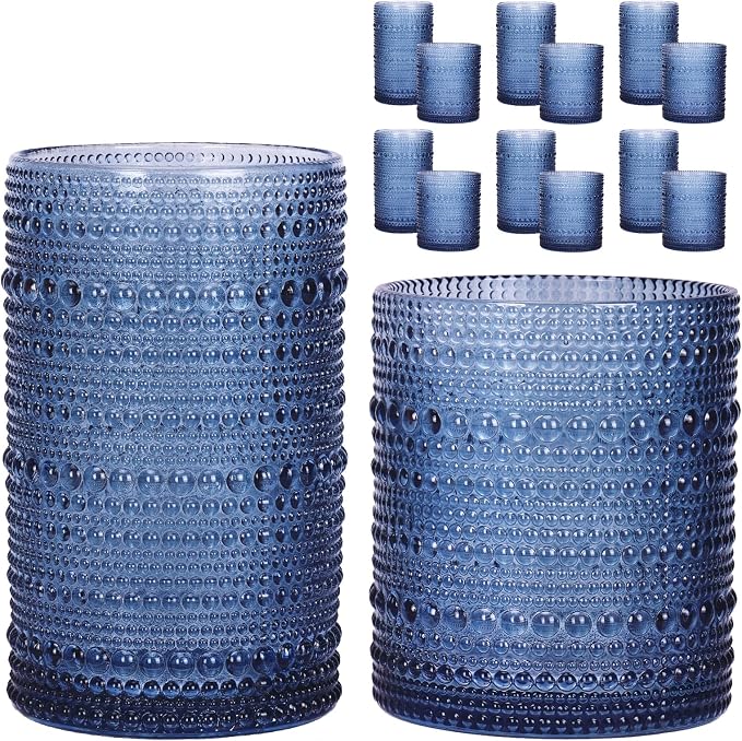 Moretoes 12 Pack Blue Hobnail Drinking Glasses, Vintage Water Glass Cups | by Moretoes