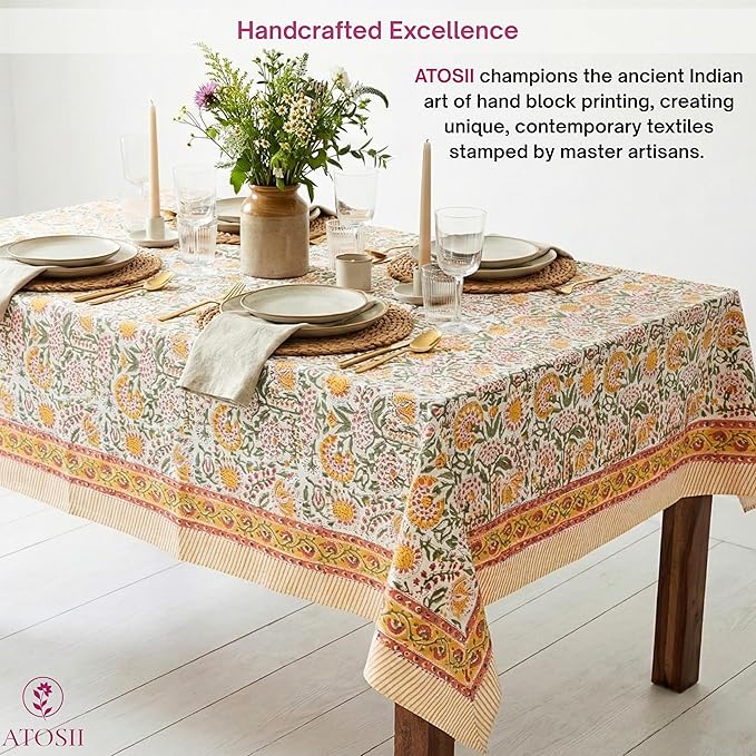 ATOSII Clover Yellow 100% Cotton Rectangle Fall Tablecloth, Handblock Floral Print Linen Table Cloth for Kitchen Dining I Parties, Outdoors, Christmas, Thanksgiving I 72 X 120 Inches I 10 Seater