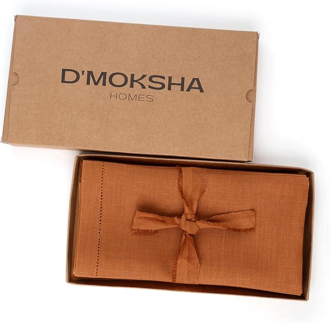 D'Moksha Homes Rust Linen Napkins Set of 6 - Classic Hemstitch 100% Pure Linen Hemstitch Dinner Napkins 20 x 20 Inch for Spring, Easter - Handcrafted and Machine Washable