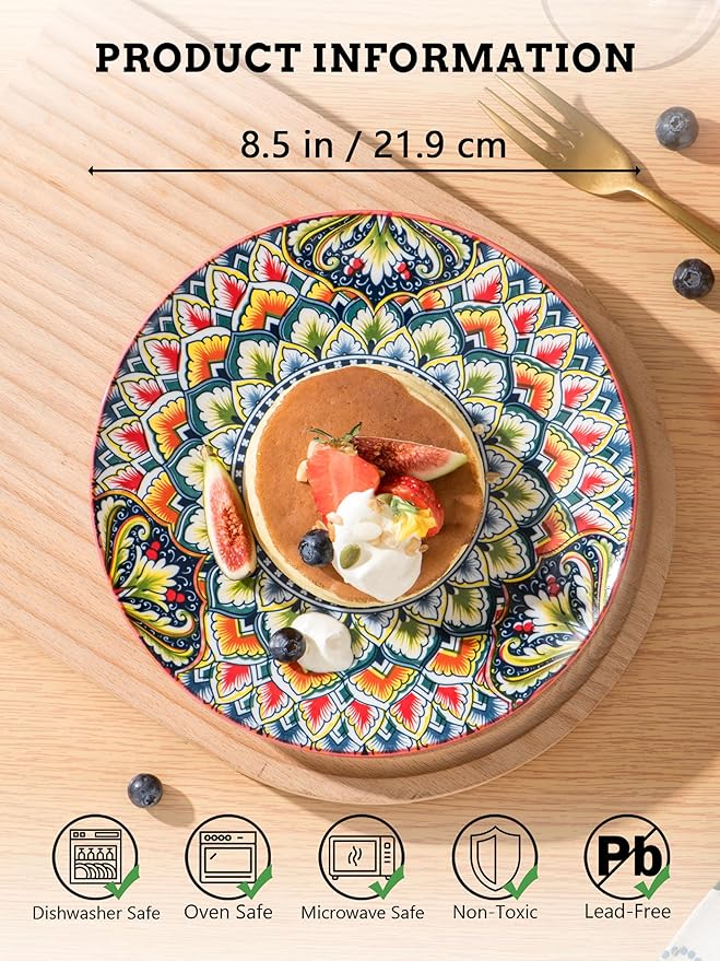 Henten Home Ceramic Dessert Plates Set of 6, 8.5 Inch Porcelain Salad Plate, Colorful Bohemian Style Serving Dishes for Cake, Snack, Appetizer, Decorations, Dishwasher & Microwave Safe