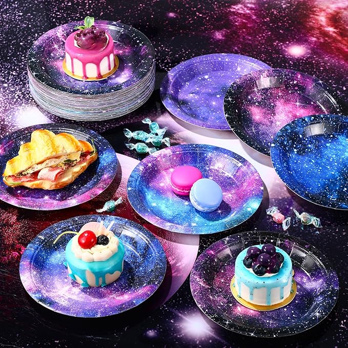 60 Pcs 7 Inch Space Galaxy Paper Plates Outer Space Theme Birthday Party Supplies Starry Night Solar System Planet Party Decorations for Girls Boys Birthday Baby Shower