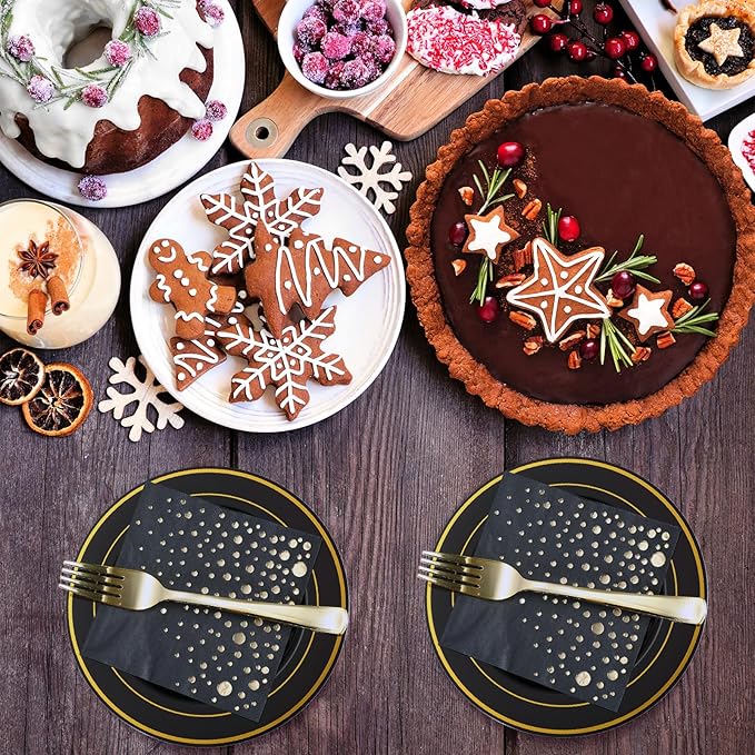 Stylish 7.5 Inch Gold and Black Cake Plates with Disposable Forks and Cocktail Napkins (100 Set of Each) - Small Appetizer Plates, Disposable Cake Plates or Salad Plate - Black Plastic Dessert Plates