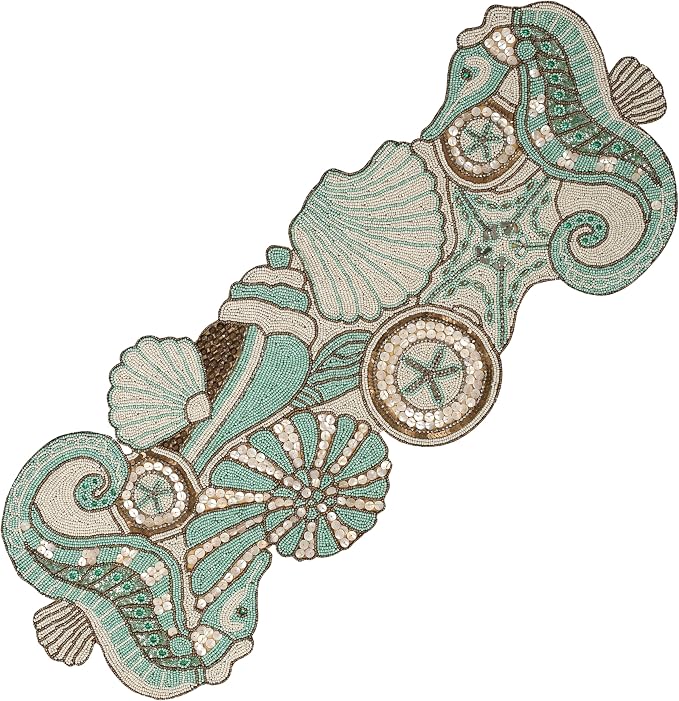 Beaded Table Runner 13x36 Coastal Sea Shell Premium Glass Beads & Polyester by ALPHALivingHOME