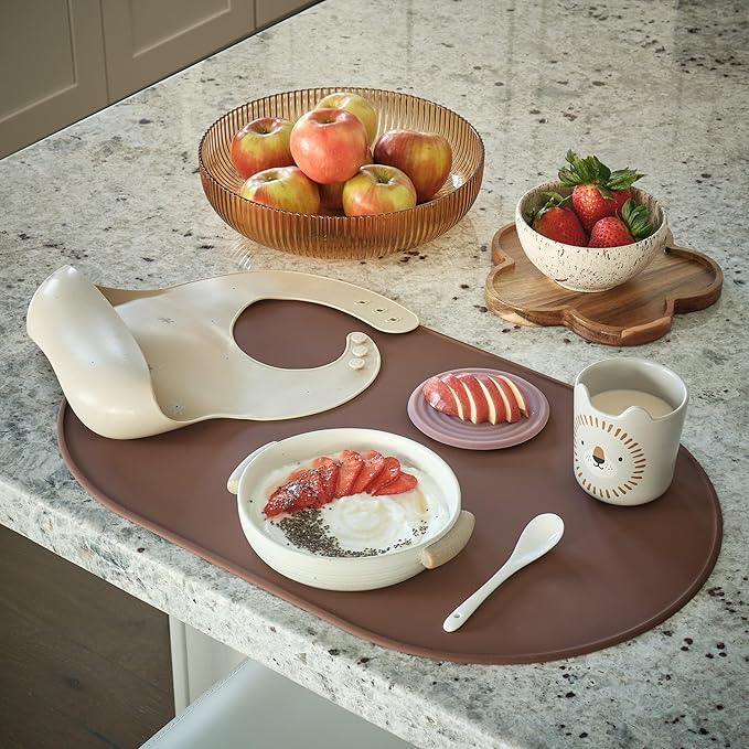 LINE+ARC Waterproof, Stain-Resistant, Heat-Safe Silicone Degrē Placemats (20.5x13, Set of 2 Smoke) 3mm-High Rim Adults Babies Easy-to-Clean Washable Oval Modern Non-Slip Large Dining Table Mats