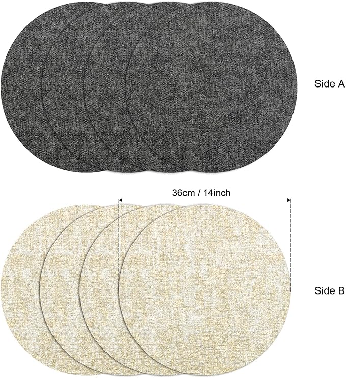 Myir JUN Round Placemats, Dual Sided Faux Leather Place Mats Set of 6 Indoor/Outdoor Non-Slip Washable Table Mats (Gray Cream-White, Set of 6)
