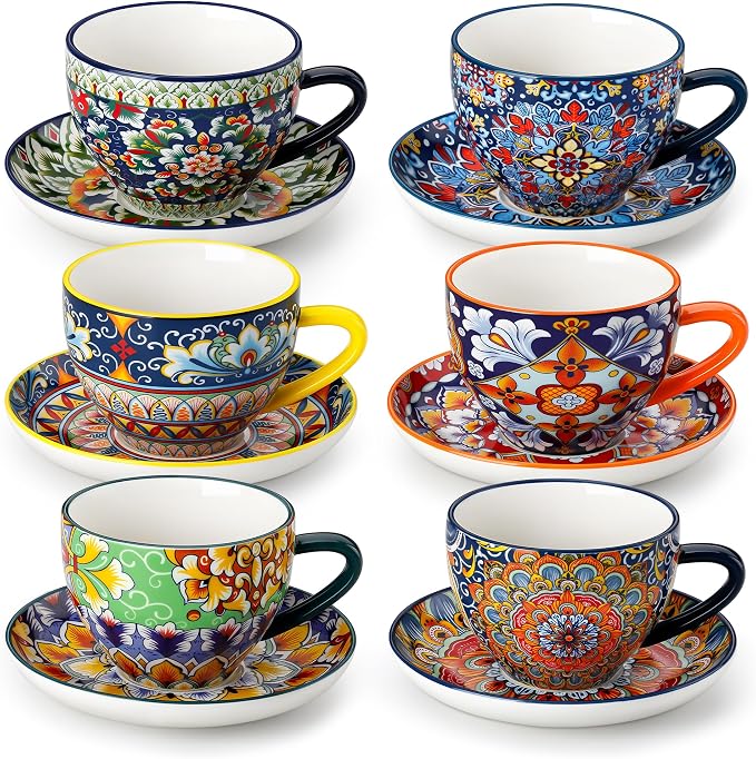 vancasso 8 Oz Cappuccino Cups, Porcelain Tea Cups and Saucers Set of 6 | by vancasso