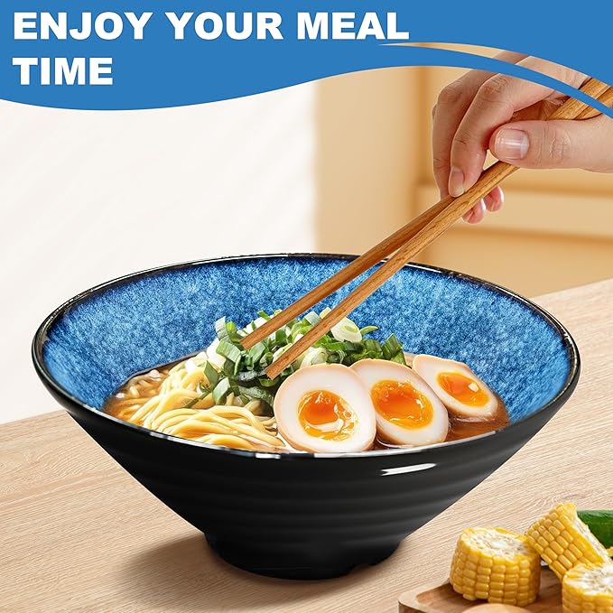 9.4-Inch 4 Sets Ceramic Ramen Bowl (16 Piece) - Japanese Porcelain Dishwasher Microwave Safe Salad Noodles Cereal Pasta Soup Large Bowls with Chopsticks Forks Spoons for Men Women Housewarming Gift