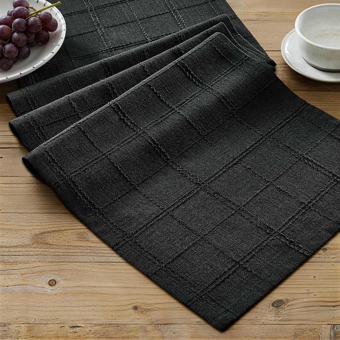 Linen Checked Farmhouse Table Runner, 13x36 Inches Black | Raised Grid Design by ZEEMARTONLINE