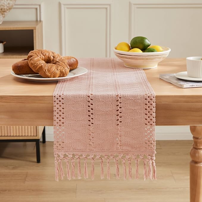 Macrame Style Boho Table Runner, 12x72 Inch Light Pink | Woven Boho Table Runner - Image 2