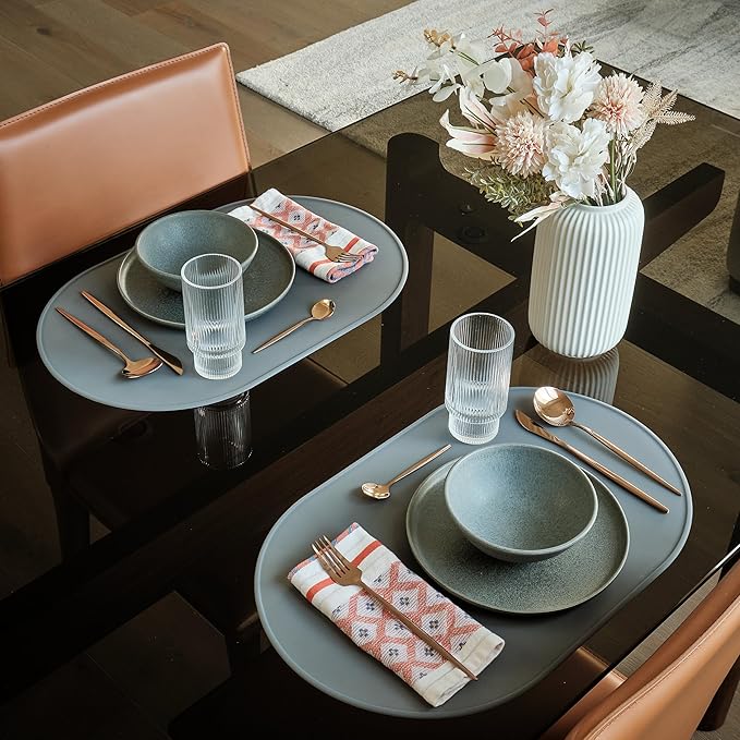 LINE+ARC Waterproof, Stain-Resistant, Heat-Safe Silicone Degrē Placemats (20.5x13, Set of 2 Sage) 3mm-High Rim Adults Babies Easy-to-Clean Washable Oval Modern Non-Slip Large Table Mats