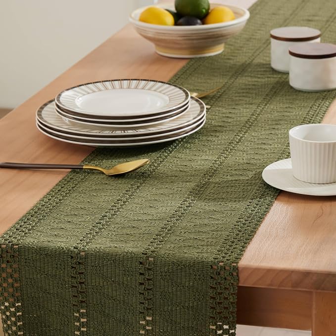 Macrame Style Boho Table Runner, 12x48 Inch Moss | Woven Boho Table Runner - Image 5