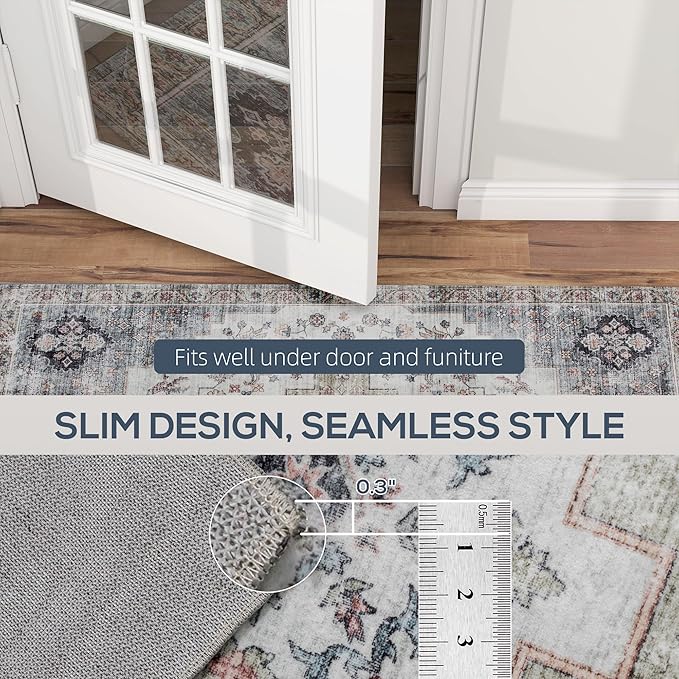 HOMCOM Washable Area Rug, 8'x10' Vintage Indoor Distressed Carpet, Retro Floor Cover Foldable, Floral Print Mat for Living Room, Bedroom, Dining Room, Brown and Green